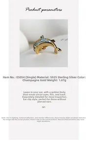 Detail of S925 sterling silver dolphin ear clip with blue zircon in champagne gold