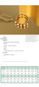 Size chart for S925 sterling silver pearl ring with dimensions for sizes 5 to 22