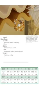 Guide des tailles pour bague en argent S925 avec perle montrant les dimensions