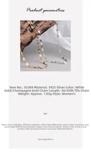 Detailed product parameters of S925 sterling silver tile chain necklace showing size and specs