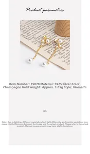 Detailed view of S925 silver flower pearl earrings with golden finish and weight specs
