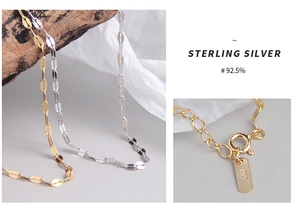 Macro detail of S925 sterling silver chain with secure spring clasp and hallmark tag
