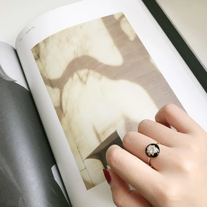 Minimalist S925 sterling silver ring with black enamel flower and diamonds for women