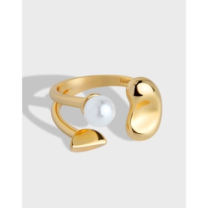 Bague Ouverte Élégante en Argent Sterling 925 Plaqué Or avec Künstliche Perle et Pétale pour Femme Style Coréen Minimaliste Bague Fleur Asymétrique