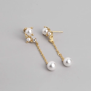 Elegant Dangle Artificial Pearl Earrings With 925 Sterling Silver Earring Post Gold Plated Zircon Minimalist Jewelry For Women