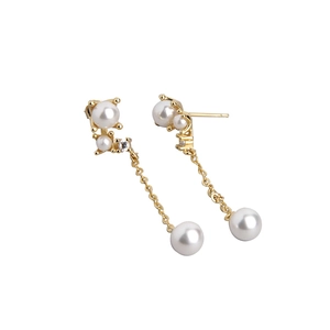 Elegant S925 sterling silver drop earrings with white pearls and gold metal finish