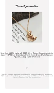 Detail view of S925 silver croissant pendant necklace with size and weight parameters