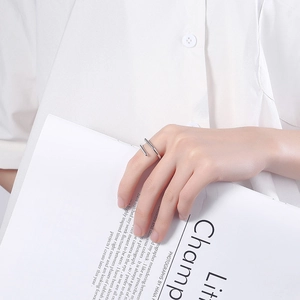 Minimalist double line open silver ring for women with modern geometric design
