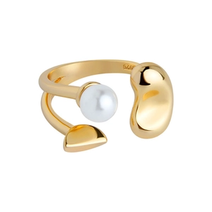Bague ouverte en argent sterling S925 avec placage d'or et perle blanche brillante