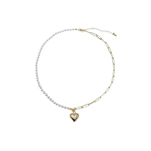 Asymmetric heart pendant necklace with white pearls and gold paperclip link chain