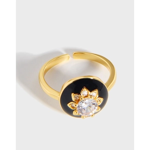 S925 Sterling Silver Black Enamel Flower Open Ring For Women Vintage Gold Plated Rhinestone Adjustable Finger Ring Jewelry