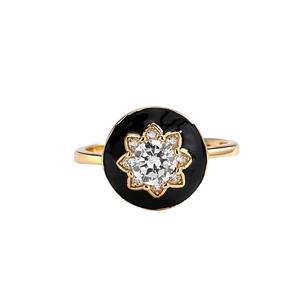 Elegant gold plated S925 sterling silver ring with black enamel flower and zircon stone