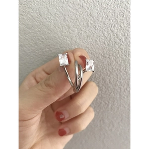 Minimalist S925 sterling silver bypass ring with dual rectangular cubic zirconia stones