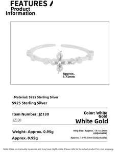 Détail de la bague croix en argent sterling S925 avec zircons et dimensions du produit