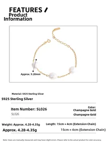 Close-up of S925 silver bracelet with three 9.20mm pearls and extension chain
