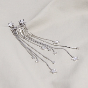 Minimalist S925 sterling silver star tassel drop earrings with sparkling zircon stones