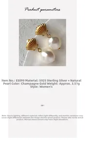 Macro detail of S925 sterling silver champagne gold shell earrings with natural pearls