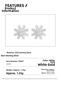 Detail showing S925 sterling silver daisy stud earrings with white petals and golden core