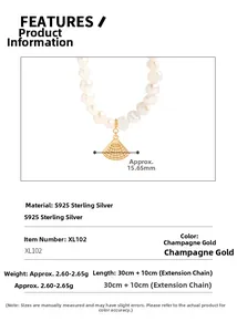 Détail du collier de perles en argent S925 avec pendentif coquillage et dimensions
