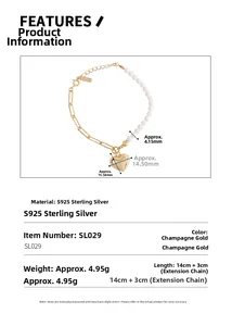 Detail view of S925 silver bracelet with heart pendant and half pearl chain specifications