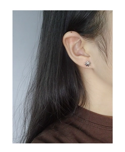 Close-up of minimalist S925 sterling silver daisy stud earrings worn on ear