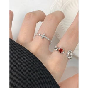 Ensemble de bagues en argent S925 avec croix et cœur rouge pour femme style élégant