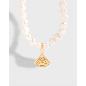 Collier En Künstliche Perles Baroques Avec Pendentif En Forme D'Éventail Argent Sterling 925 Plaqué Or Bijoux Élégants Pour Femmes