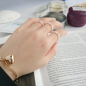 Bagues en perles d'argent 925 et ensemble de bracelets à pendentif cœur doré pour femme