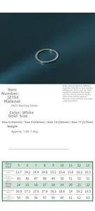 Size guide for minimalist 925 sterling silver ring showing diameter and circumference