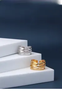 Detailed view of layered geometric s925 silver rings in gold and silver finishes