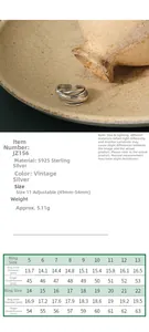 Detailed size chart for S925 sterling silver multi-layer wrap ring with measurements
