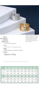 Size chart for multilayer S925 sterling silver geometric ring with measurements