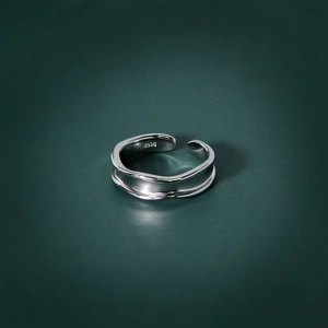 Minimalist S925 sterling silver double-layer wave open ring with a polished mirror finish