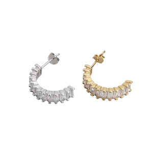 S925 Sterling Silver C-shaped hoop earrings with square cubic zirconia in gold and silver