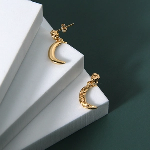 S925 sterling silver gold crescent moon earrings with irregular textured sphere studs