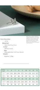 Size chart for S925 sterling silver butterfly ring with diameter and circumference details