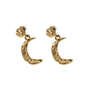 S925 sterling silver crescent moon earrings with golden hammered texture on white background