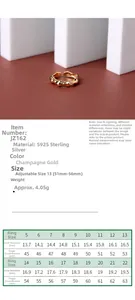 Detailed size guide and specifications for the S925 sterling silver bamboo knot ring