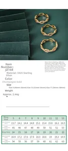 Guide des tailles détaillé pour bague en argent S925 dorée avec mesures de 5 à 22 mm