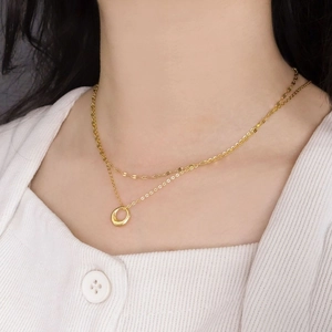 Collier double couche en argent sterling 925 doré avec pendentif cercle minimaliste