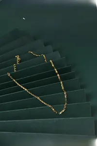 Macro shot of 18K gold plated pig nose link necklace on a deep green textured backdrop