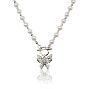 Butterfly Pendant Necklace 925 Sterling Silver Rounded Artificial Pearl Zircon Inlaid OT Clasp Elegant Clavicle Chain For Women