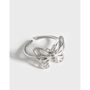 S925 Sterling Silver Butterfly Open Ring For Women Minimalist Hollow Animal Design Adjustable Finger Ring Rhinestone Jewelry