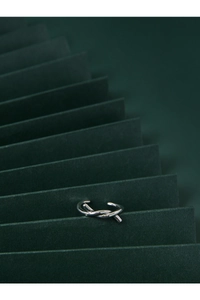Macro di anello a nodo in argento minimalista su scala origami verde scuro creativa