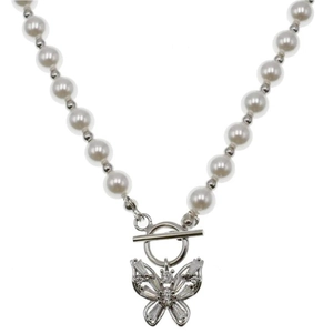 S925 sterling silver butterfly necklace with round white pearls and zircon OT toggle clasp