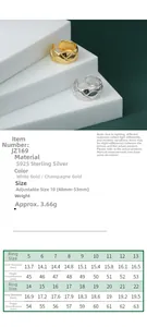 Size chart for S925 sterling silver quilted ring showing adjustable diameters and circumferences