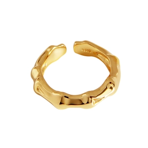Golden S925 sterling silver open ring featuring an organic bamboo-joint texture design