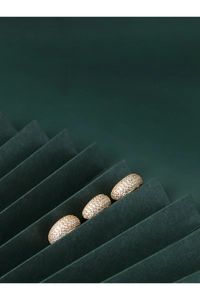 Detailed macro view of three gold-plated silver rings with pavé zircon setting