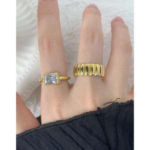 French style gold ribbed wide band and rectangular zircon gemstone ring set for women