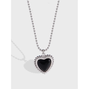 S925 Sterling Silver Black Onyx Heart Pendant Necklace For Women Minimalist Ball Chain Clavicle Chain Jewelry Gift